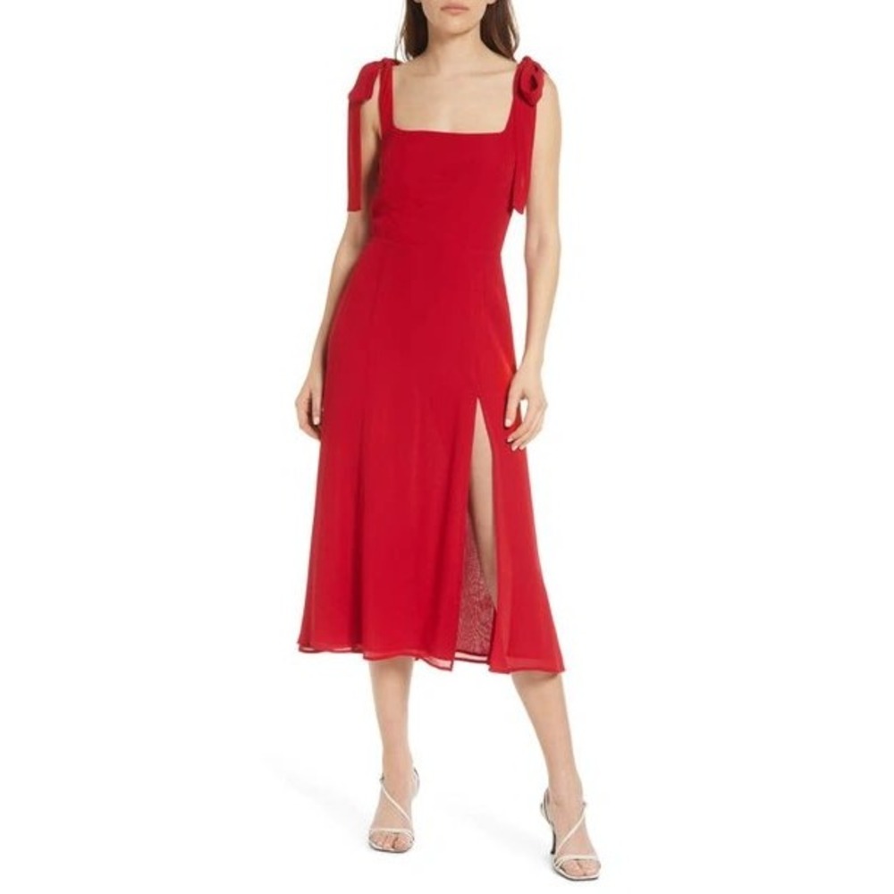 Reformation Kourtney Midi Dress Cherry Red Tie Shoulder Front Slit 4